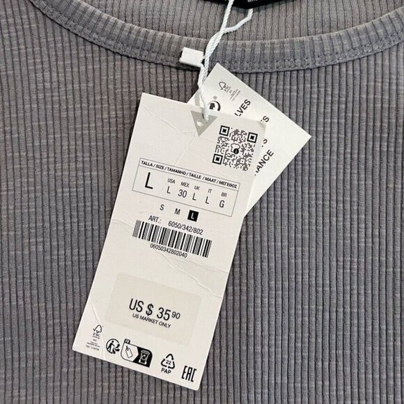 Zara Ribbed Cropped Long Sleeve Shirt New Large Grey Boho Flirty Staple Warm - Picture 3 of 7